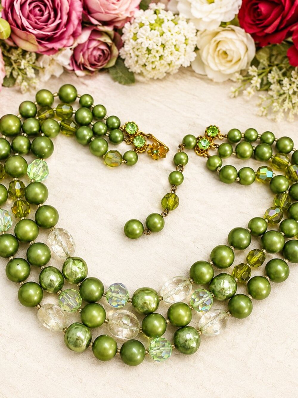 DE MARIO Three Strand Satin Green Aurora Borealis Rock Crystal Bead Necklace